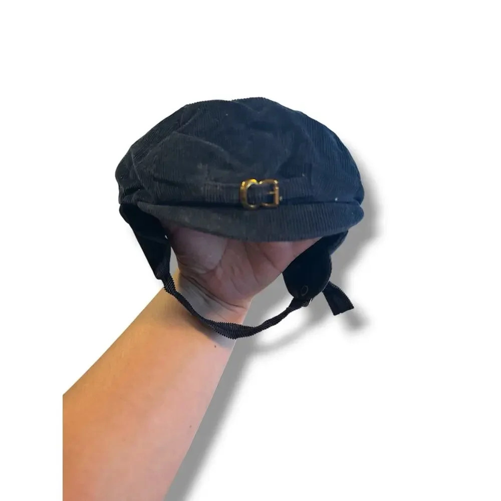 Vintage Baby Corduroy Newsboy Hat Black Ear Flaps Chauffeur Cap Infant Toddler